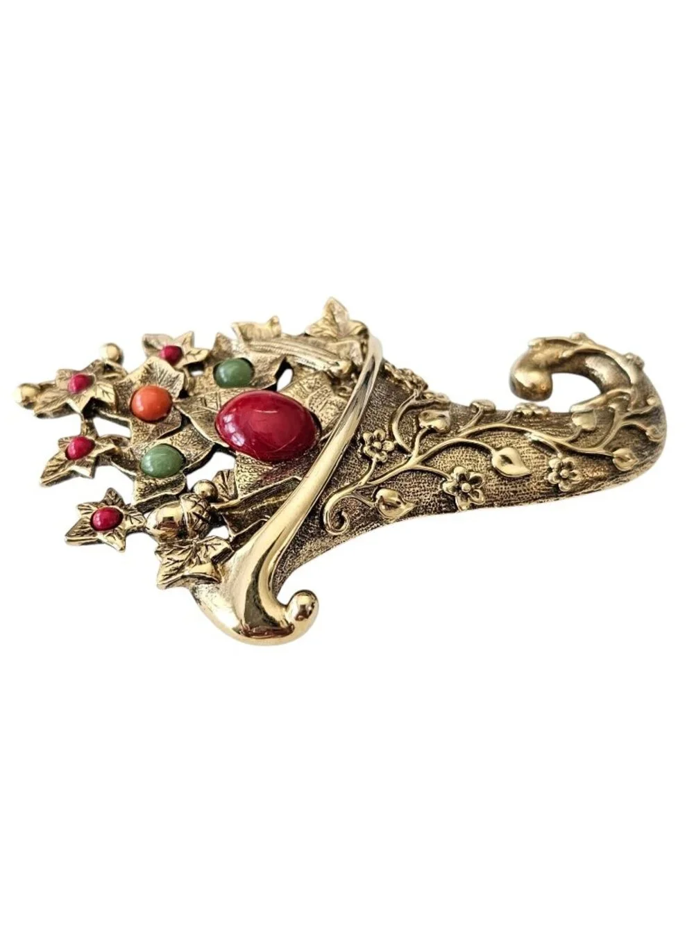 1928 Brand Autumn Leaves Fall Cornucopia Brooch Lucite Cabochon Pin, J38